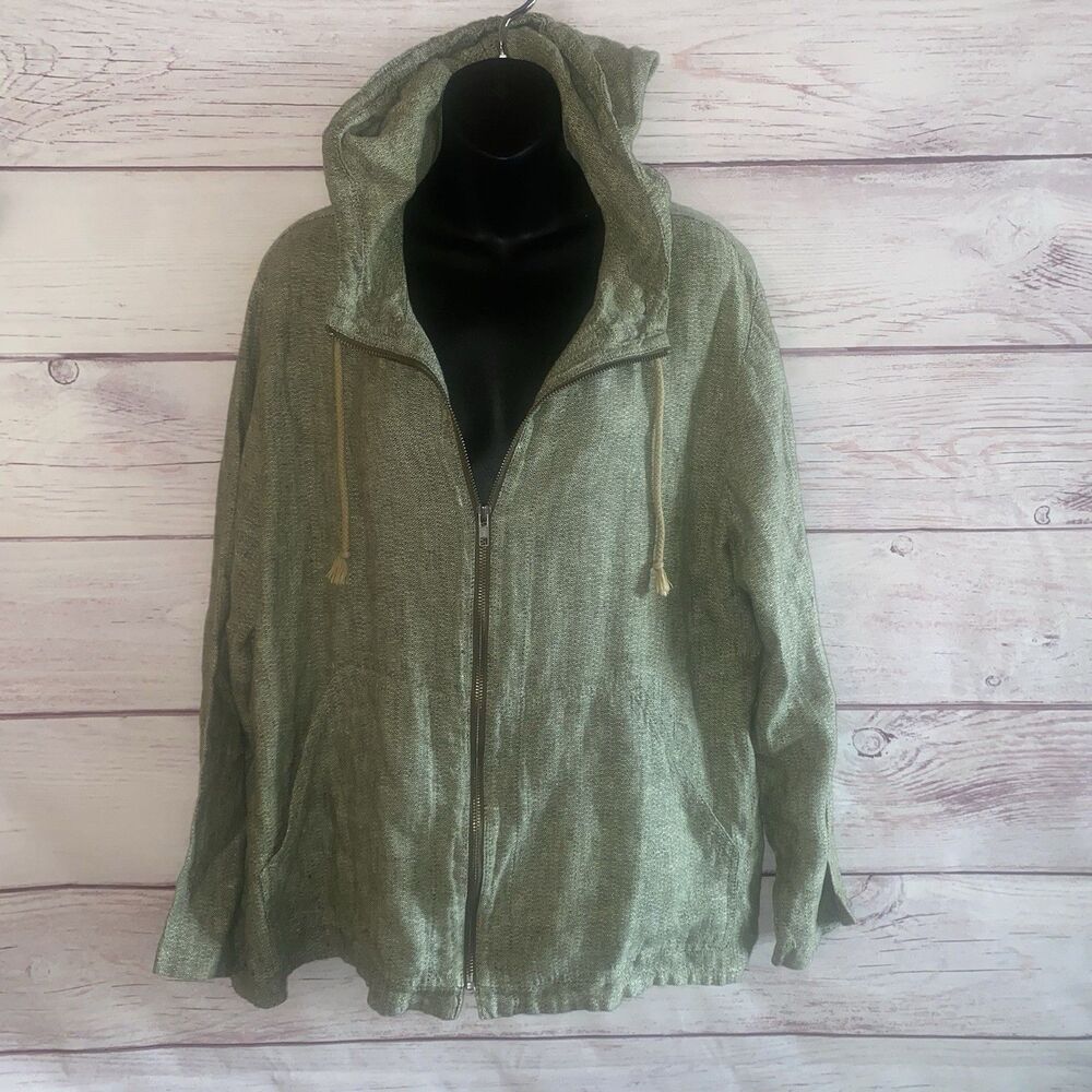 FLAX Womens Medium 100% Linen Hooded Zip Jacket Green Lagenlook Boho A15